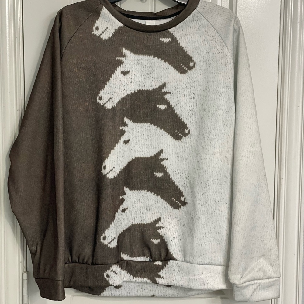 Woman’s Brown and White Horse Pattern Sweater